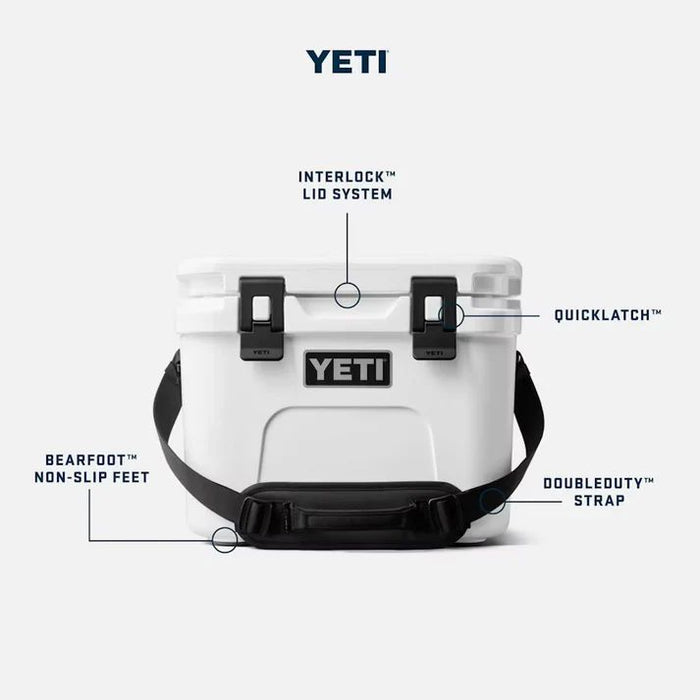 YETI cooler with labeled features on a white background