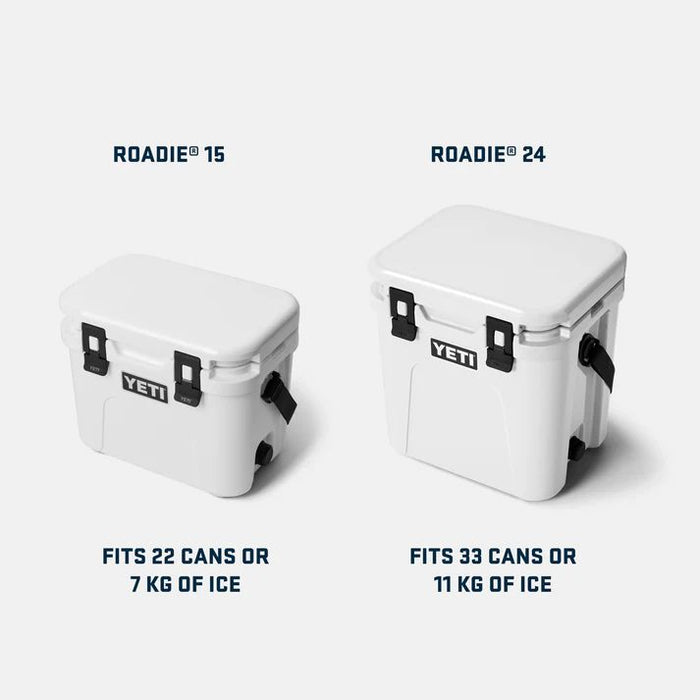 Two YETI coolers, Roadie 15 and Roadie 24, on a white background with text indicating capacity.