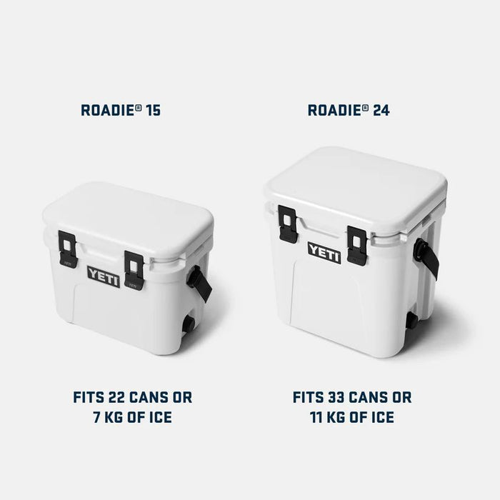 Two YETI coolers, Roadie 15 and Roadie 24, on a white background with text indicating capacity.