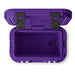 A purple YETI cooler shown from a top-down view with the lid open, revealing a dark interior and black latches on the front.