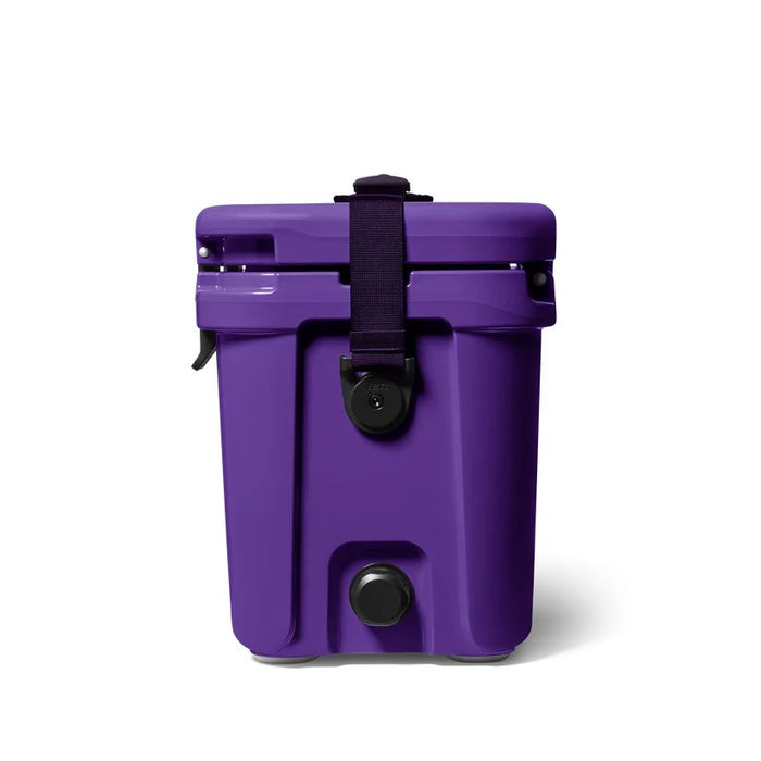 Purple cooler box with black straps on a white background