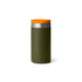 An olive green YETI insulated tumbler with a bright orange lid and a silver metal band, shown on a clean white background.