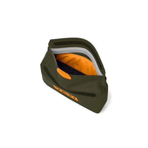 An olive green waterproof pouch with an orange interior lining and a reflective silver-gray zipper trim, shown open on a white background.