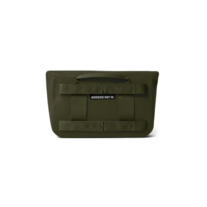 An olive green canvas pouch with a top handle and two horizontal webbing straps, featuring a black label with white text that reads 'SIDEKICK DRY 35'.