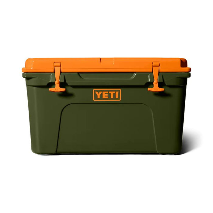 A YETI cooler in olive green with a bright orange lid and orange latches, shown on a clean white background.