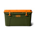 A YETI cooler in olive green with a bright orange lid and orange latches, shown on a clean white background.