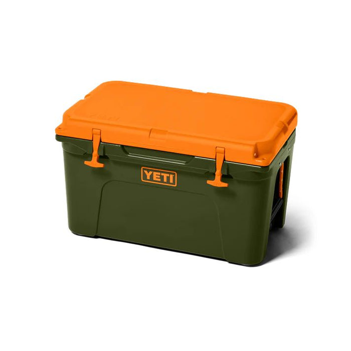 A YETI cooler in dark green with a bright orange lid and orange latches, shown on a clean white background.