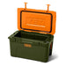 A YETI cooler shown open on a white background, with an olive green body and a bright orange lid. The YETI logo is visible on both the lid and the front of the cooler.