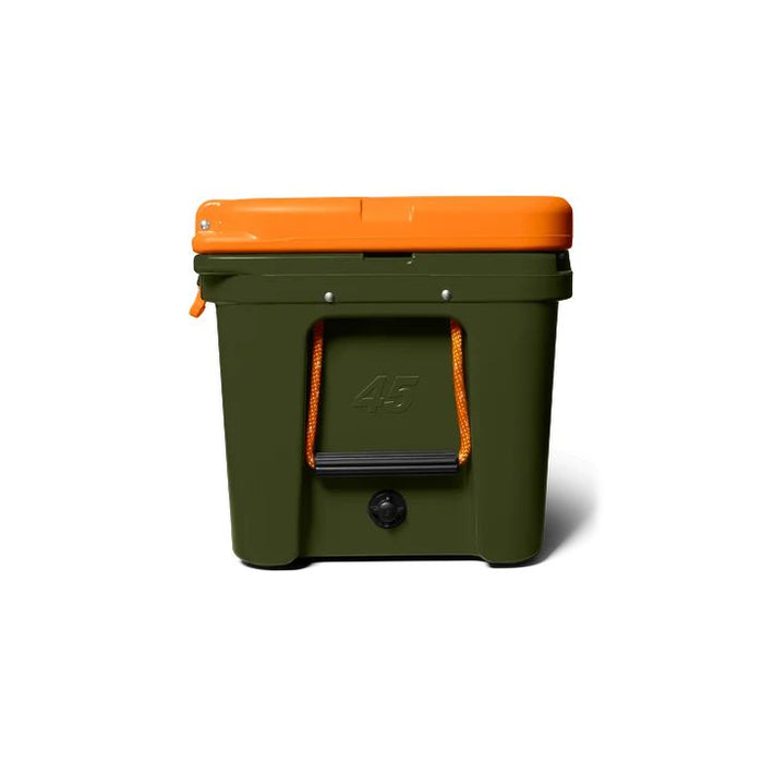 An olive green cooler with a bright orange lid and orange carrying handle, shown from the front on a clean white background.