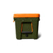 An olive green cooler with a bright orange lid and orange carrying handle, shown from the front on a clean white background.