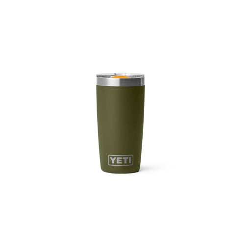 An olive green YETI insulated tumbler with a stainless steel rim and lid, featuring the YETI logo on the front, set against a plain white background.