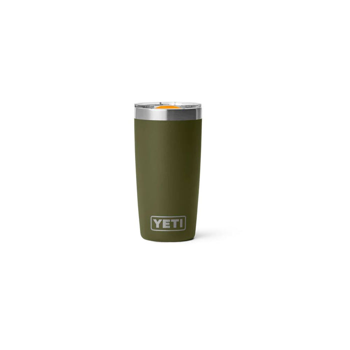 An olive green YETI insulated tumbler with a stainless steel rim and lid, featuring the YETI logo on the front, set against a plain white background.
