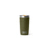 An olive green YETI insulated tumbler with a stainless steel rim and lid, featuring the YETI logo on the front, set against a plain white background.