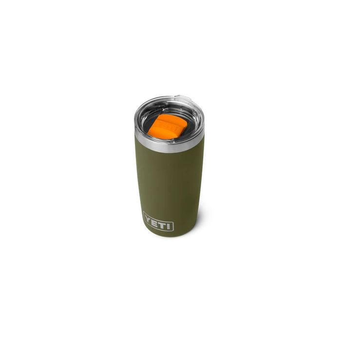 A YETI insulated travel tumbler in olive green with a stainless steel rim and a bright orange lid insert, shown on a plain white background.
