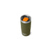 A YETI insulated travel tumbler in olive green with a stainless steel rim and a bright orange lid insert, shown on a plain white background.
