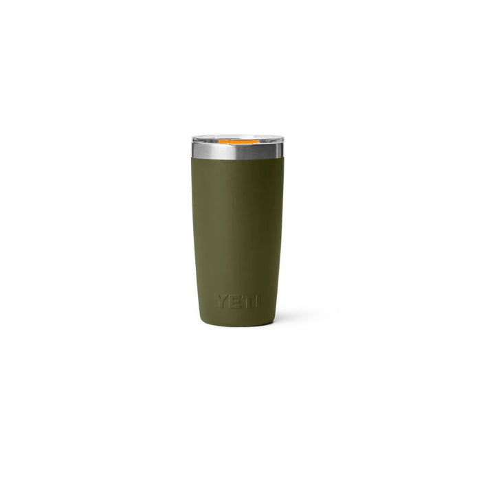 An olive green YETI insulated tumbler with a stainless steel rim and a clear lid, shown on a solid white background.