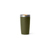 An olive green YETI insulated tumbler with a stainless steel rim and a clear lid, shown on a solid white background.