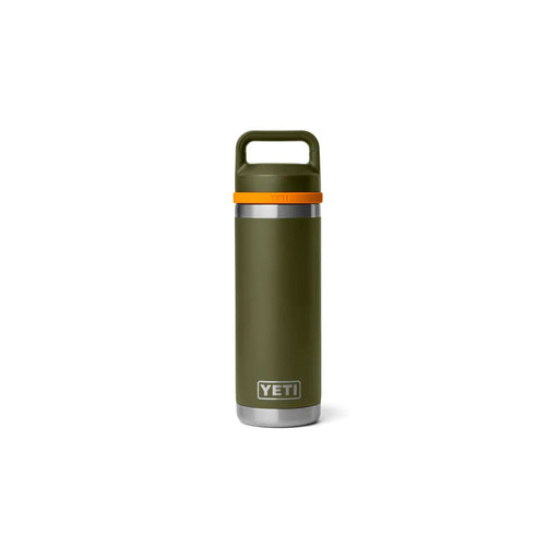 An olive green YETI Rambler travel tumbler with a matching green lid, a bright orange band around the neck, and a silver stainless steel base, shown on a plain white background.