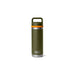 An olive green YETI Rambler travel tumbler with a matching green lid, a bright orange band around the neck, and a silver stainless steel base, shown on a plain white background.