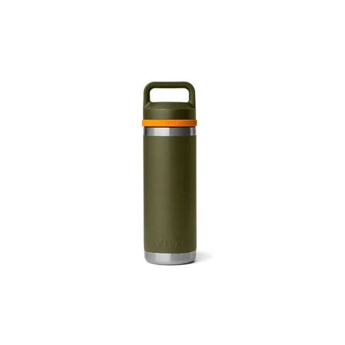 An olive green insulated water bottle with a matching carrying loop lid, featuring a bright orange band around the collar and a silver stainless steel base, shown on a plain white background.