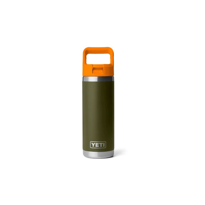 A YETI insulated travel tumbler with an olive green body, a bright orange carrying handle lid, and silver stainless steel accents at the top and bottom, shown on a clean white background.