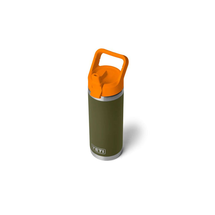 A YETI insulated water bottle with an olive green body, a bright orange lid and carrying handle, and a silver stainless steel base, shown on a white background with a soft shadow.