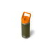 A YETI insulated water bottle with an olive green body, a bright orange lid and carrying handle, and a silver stainless steel base, shown on a white background with a soft shadow.