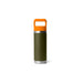 A YETI insulated water bottle in olive green with a bright orange carrying handle lid and silver stainless steel accents, shown on a clean white background.