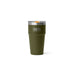 An olive green YETI insulated tumbler with a stainless steel rim and a clear lid featuring an orange accent, shown on a plain white background.