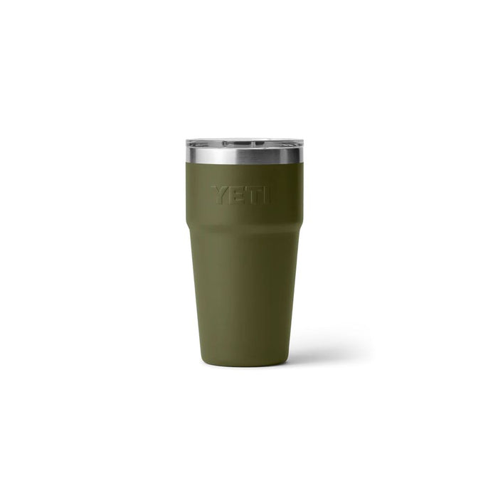An olive green YETI insulated travel tumbler with a stainless steel rim and lid, shown on a clean white background.