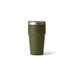 An olive green YETI insulated travel tumbler with a stainless steel rim and lid, shown on a clean white background.