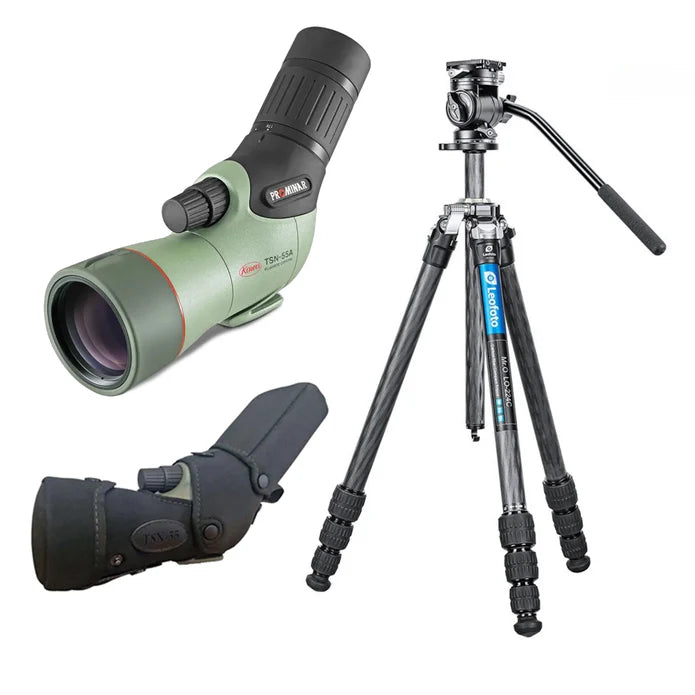 Kowa TSN-55A PROMINAR 17-40x Angled Compact Spotting Scope and Neoprene Stay On Case with Leofoto 10 Layer Carbon Spider Ball Tripod and BV-1R Mini Fluid Head Bundle Combo