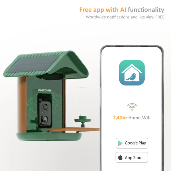 Camouflage EZ Bird Feeder with WiFi, Solar Panels and AI Camera